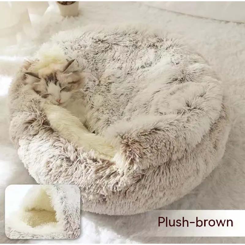 2-in-1 Plush Dog & Cat Bed – Warm, Round, Soft Winter House