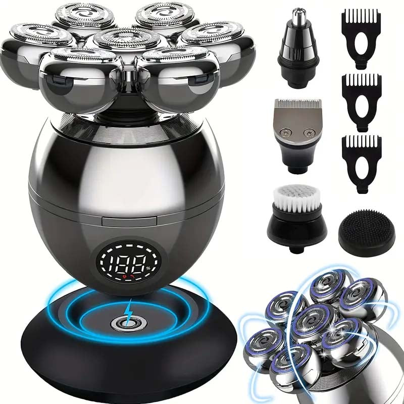 5-in-1 Electric Head Shaver: Rotary Blades Clippers Nose Trimmer, Brush Massager