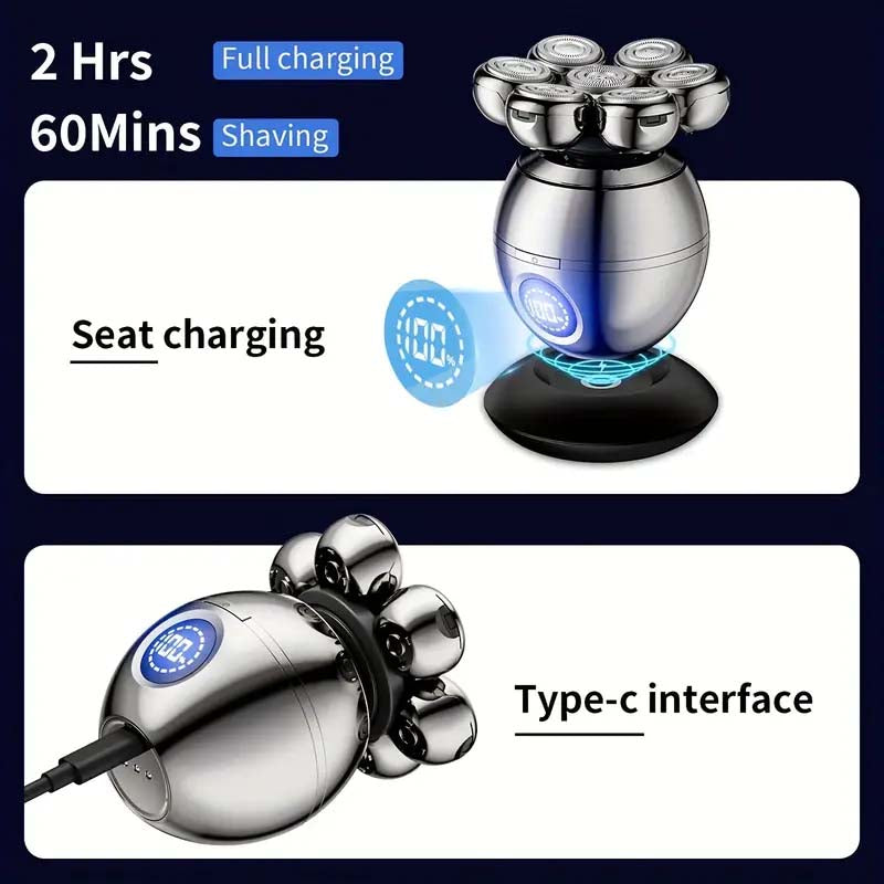 5-in-1 Electric Head Shaver: Rotary Blades Clippers Nose Trimmer, Brush Massager