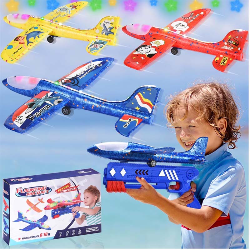 Airplane Launcher Toy 3 Pack Foam Glider Catapult Plane with DIY Stickers