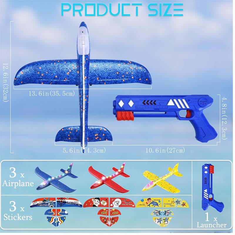 Airplane Launcher Toy 3 Pack Foam Glider Catapult Plane with DIY Stickers