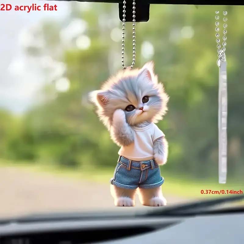 Cute Denim Cat Keychain Adorable Acrylic Pet Car Accessory