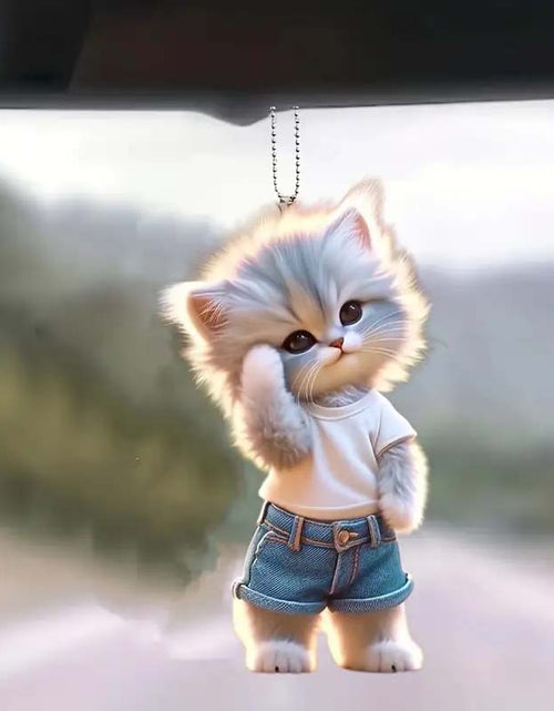 Load image into Gallery viewer, Cute Denim Cat Keychain Adorable Acrylic Pet Car Accessory
