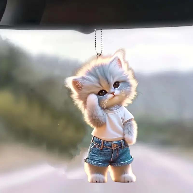 Cute Denim Cat Keychain Adorable Acrylic Pet Car Accessory