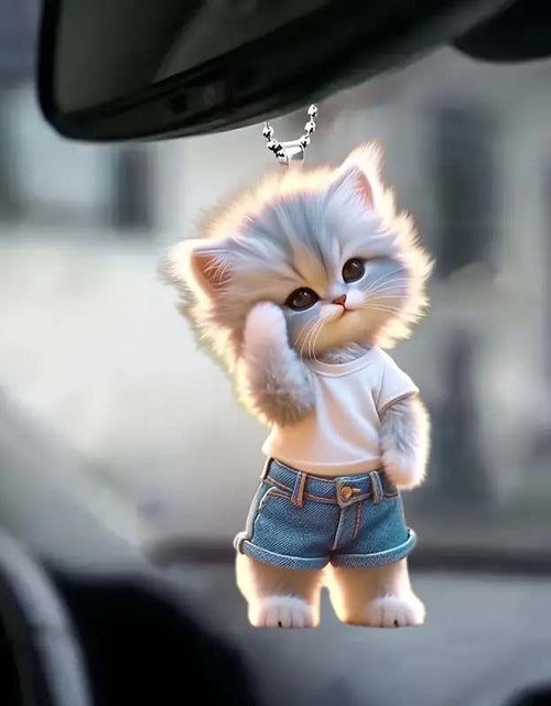 Load image into Gallery viewer, Cute Denim Cat Keychain Adorable Acrylic Pet Car Accessory
