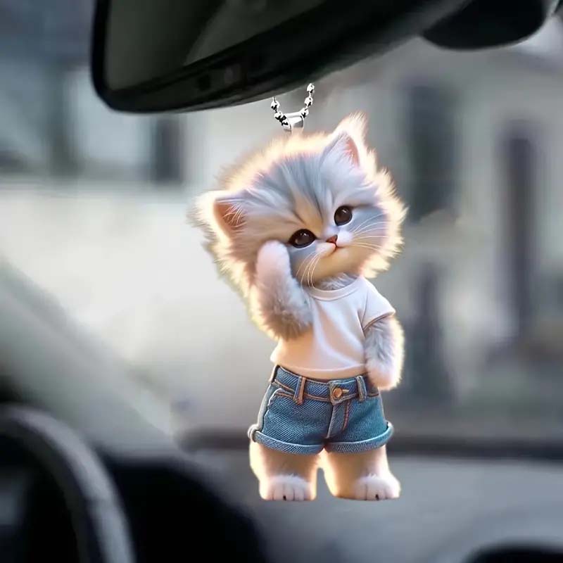 Cute Denim Cat Keychain Adorable Acrylic Pet Car Accessory