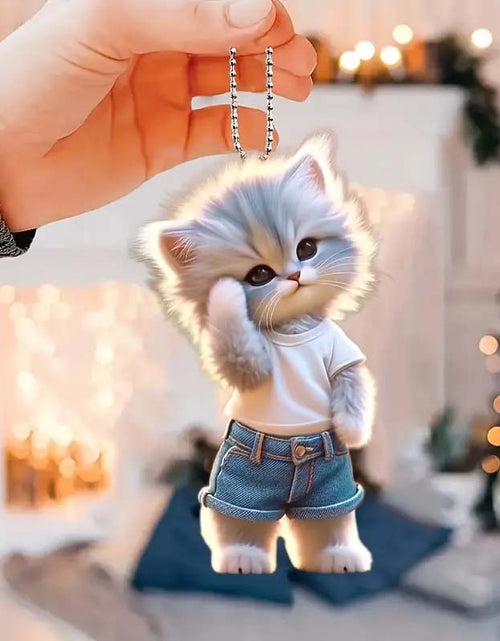 Load image into Gallery viewer, Cute Denim Cat Keychain Adorable Acrylic Pet Car Accessory
