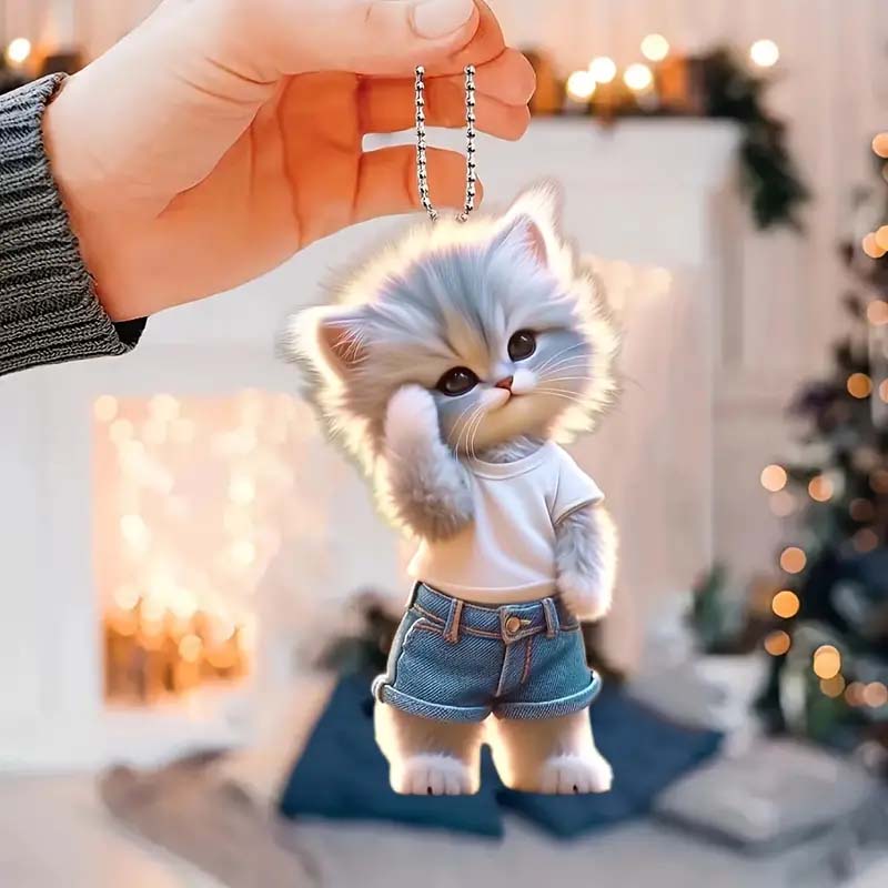 Cute Denim Cat Keychain Adorable Acrylic Pet Car Accessory