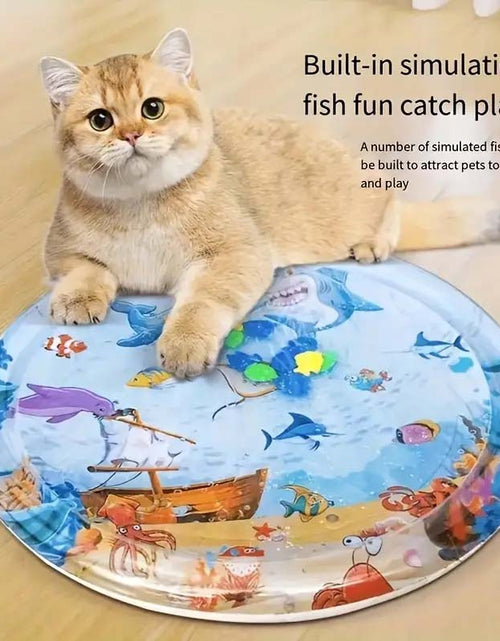 Load image into Gallery viewer, Interactive Aqua Cat Play Mat - PVC Splash Mat with Floating Fish Design and Kick Toy
