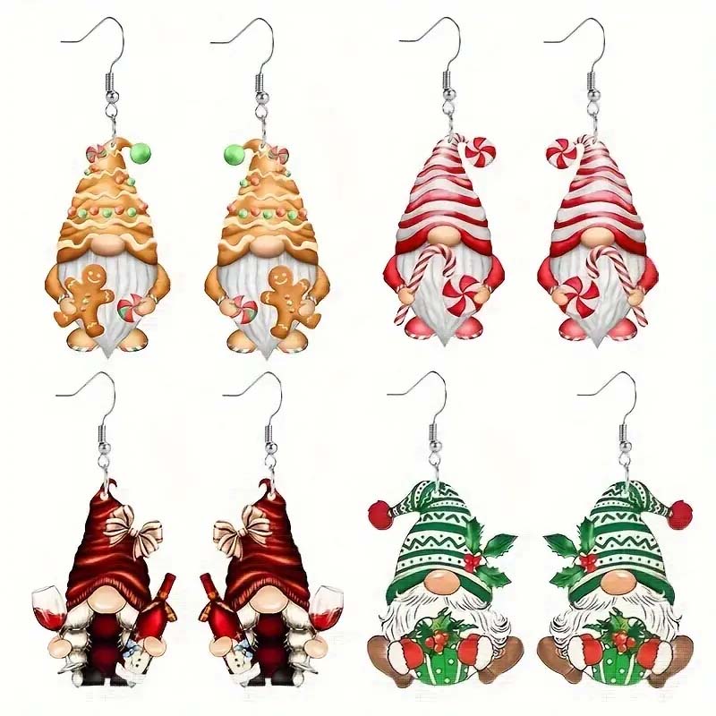 Set of 4 Christmas Gnome Dangle Earrings – Festive Santa Dwarf Design