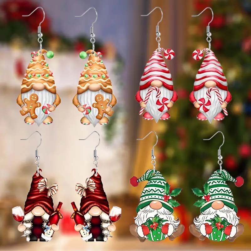 Set of 4 Christmas Gnome Dangle Earrings – Festive Santa Dwarf Design