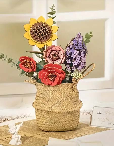 Wooden Flower Bouquet DIY Kit: Rose, Lilac, Sunflower, Carnation - Home Decor & Gift