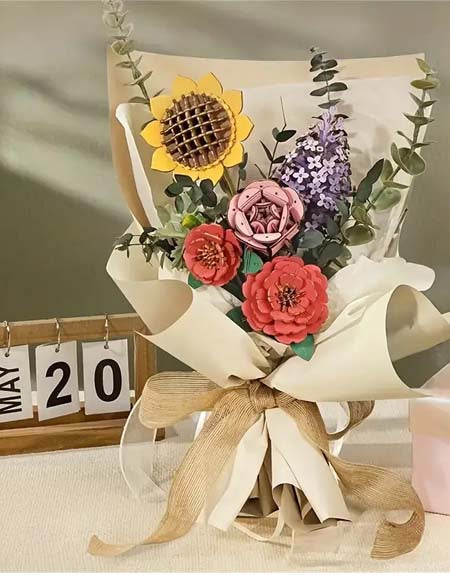Wooden Flower Bouquet DIY Kit: Rose, Lilac, Sunflower, Carnation - Home Decor & Gift