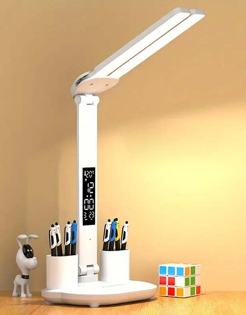 Load image into Gallery viewer, Folding LED Desk Lamp with Time Display &amp; Adjustable Arm – Eye Protection &amp; Compact Design
