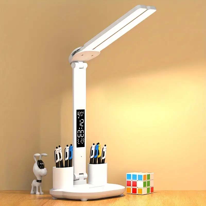 Folding LED Desk Lamp with Time Display & Adjustable Arm – Eye Protection & Compact Design