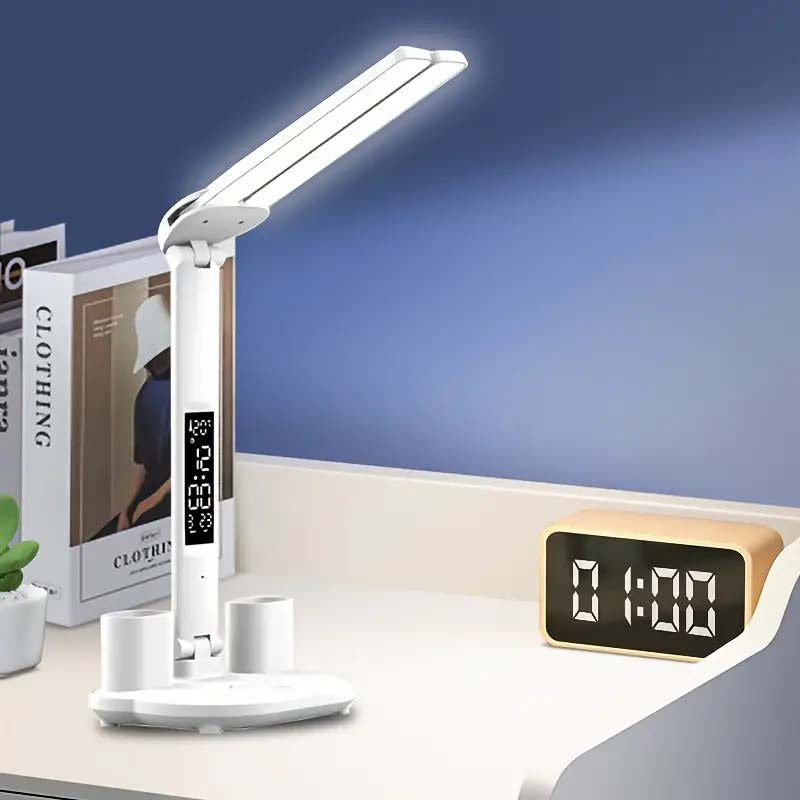 Folding LED Desk Lamp with Time Display & Adjustable Arm – Eye Protection & Compact Design