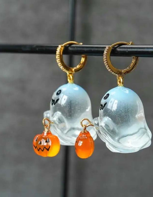 Load image into Gallery viewer, Charming Halloween Ghost &amp; Pumpkin Hoop Earrings
