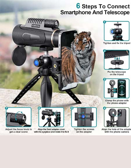 Ten&Blessings 12x50 HD Monocular Telescope with Smartphone Adapter - Perfect for Outdoors