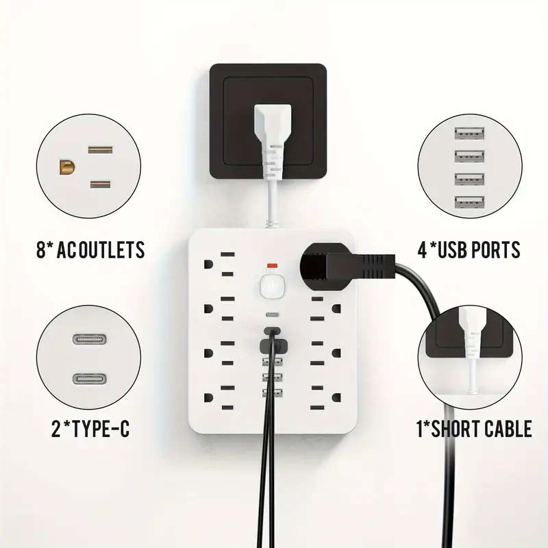 14-in-1 Power Adapter: USB, Type-C, AC Outlets, Surge Protector