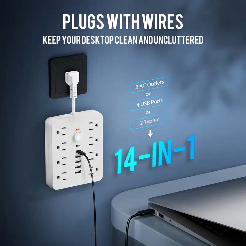 14-in-1 Power Adapter: USB, Type-C, AC Outlets, Surge Protector