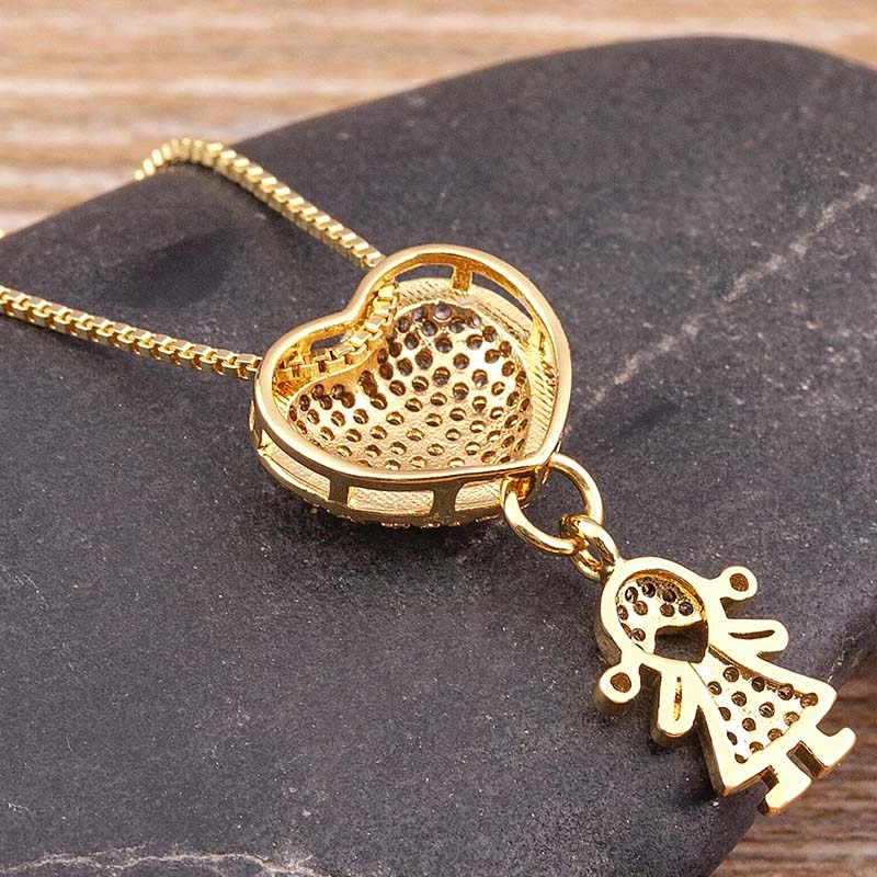 Luxury Copper Zircon Boy Girl Heart Pendant Necklace Mother's Day Gift