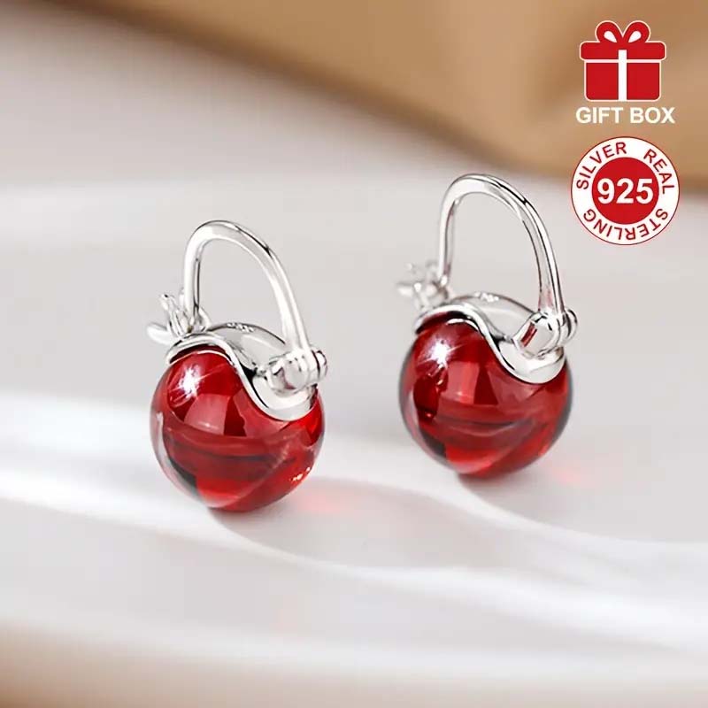 S925 Sterling Silver Red Pearl Dangle Earrings – Luxury French Style