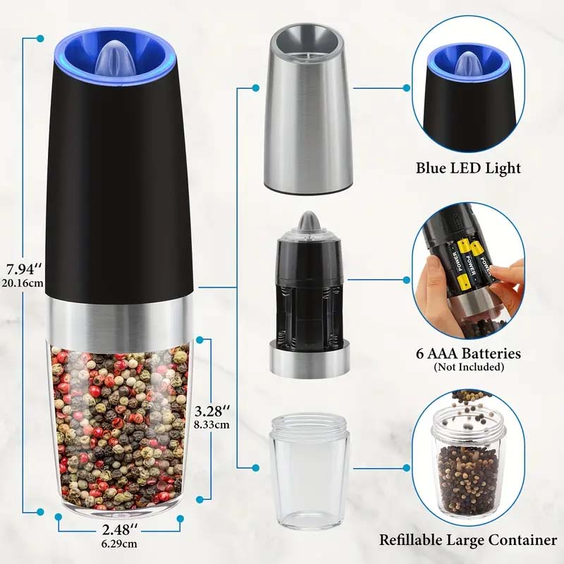 Electric Salt & Pepper Grinder Set - One-Hand Operation & LED Light