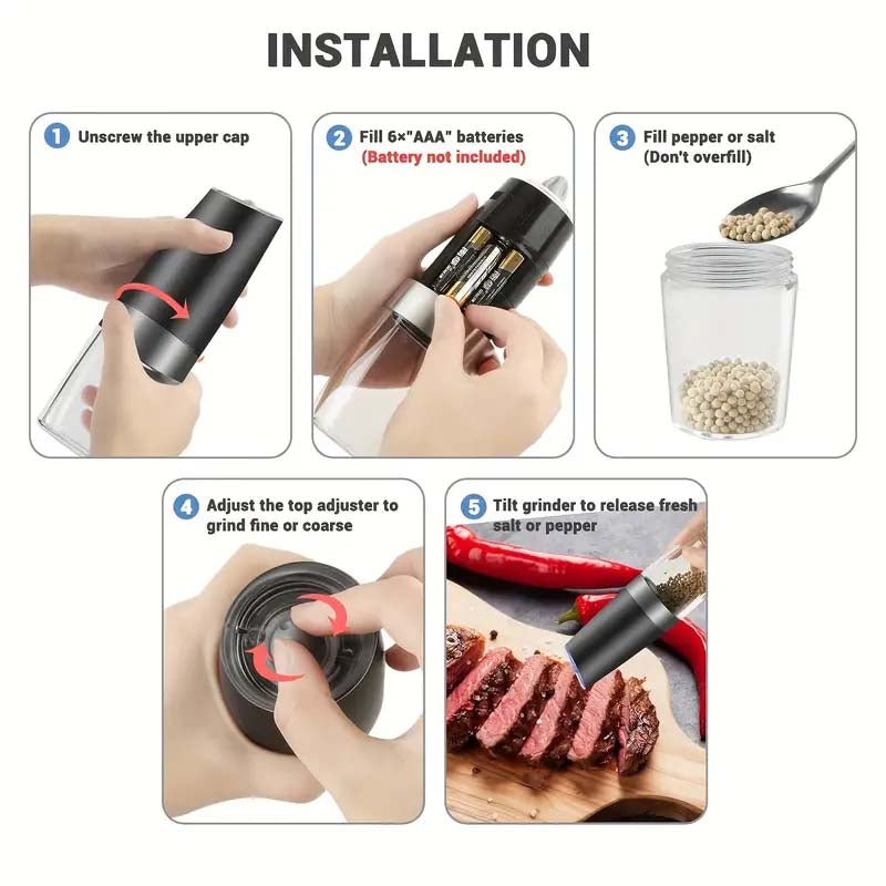 Electric Salt & Pepper Grinder Set - One-Hand Operation & LED Light