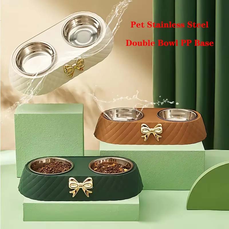 Bow Tie Double Pet Bowl | Stainless Steel & PP Base for Cats & Dogs