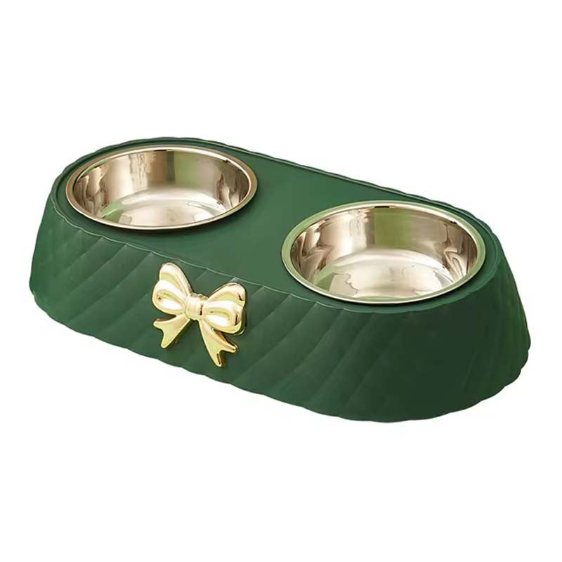 Bow Tie Double Pet Bowl | Stainless Steel & PP Base for Cats & Dogs