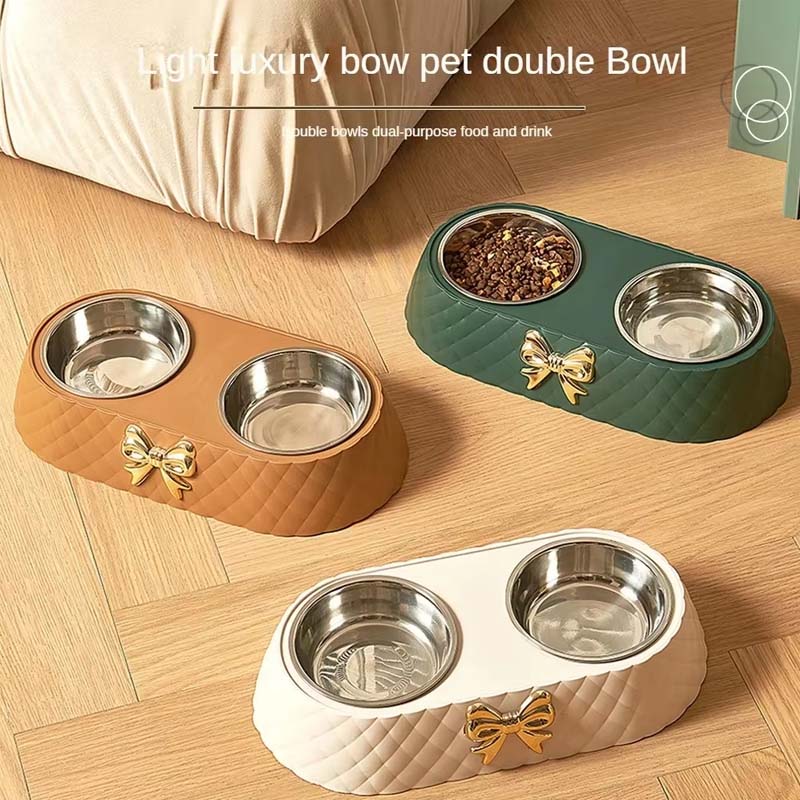 Bow Tie Double Pet Bowl | Stainless Steel & PP Base for Cats & Dogs