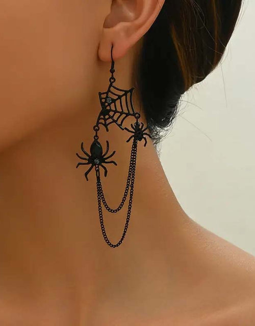 Load image into Gallery viewer, Vintage Gothic Spider Web Tassel Earrings – Rhinestone Dangle, Halloween Party
