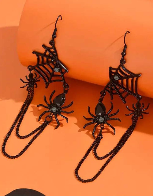 Load image into Gallery viewer, Vintage Gothic Spider Web Tassel Earrings – Rhinestone Dangle, Halloween Party
