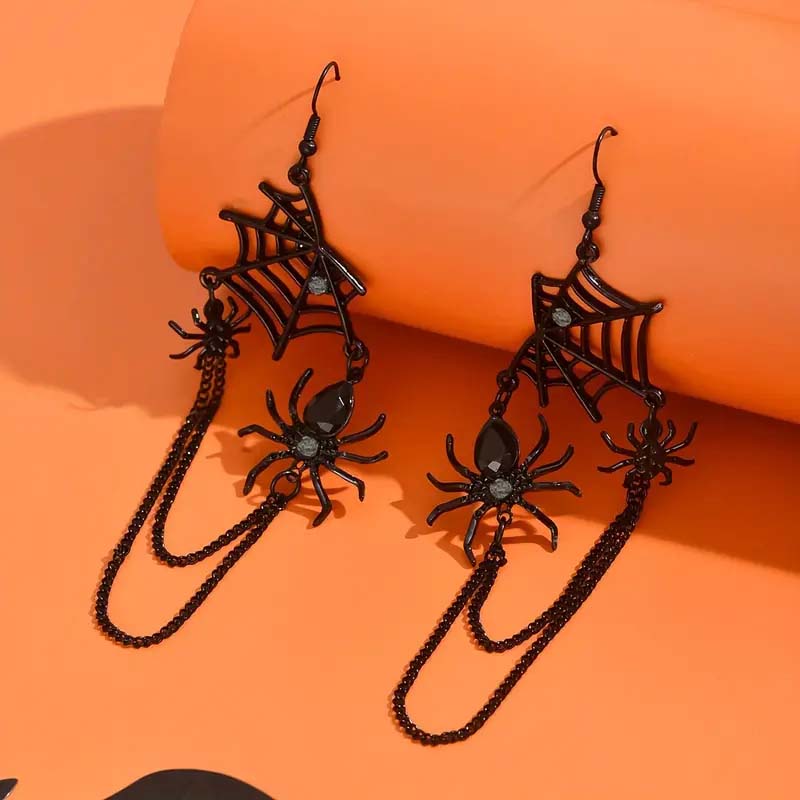 Vintage Gothic Spider Web Tassel Earrings – Rhinestone Dangle, Halloween Party